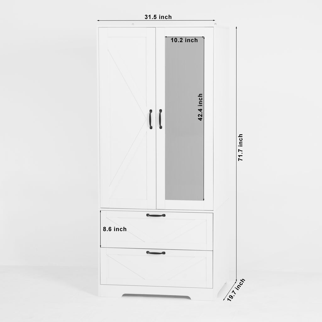2 Door Wood Wardrobe for Bedroom with Hanging Clothing Rod inside the Cabinet and 2 Drawers for Storage Organization, Built-in induction light Multifunctional Closet with Mirror, White - Grand Goldman Shop