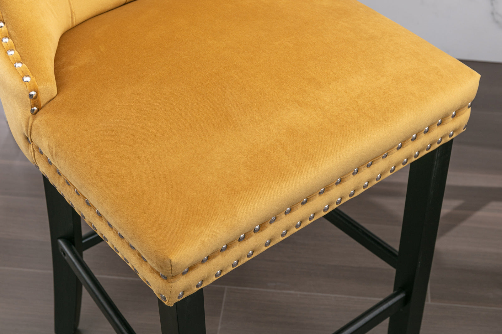 Contemporary Velvet Upholstered Barstools with Button Tufted Decoration and Wooden Legs, and Chrome Nailhead Trim, Leisure Style Bar Chairs,Bar stools, Set of 2 (Golden),SW2002GL - Grand Goldman Shop