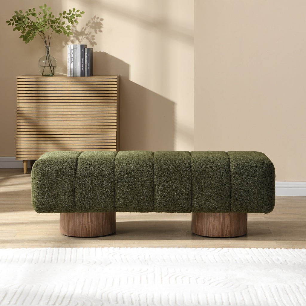 Upholstered Dining Bench for Dining Room, No-Assembly End of Bed Entryway Bench Ottoman for Bedroom Living Room, Green Boucle Fabric Stool Top Wood Leg 300 LBS Weight Capacity - Grand Goldman Shop