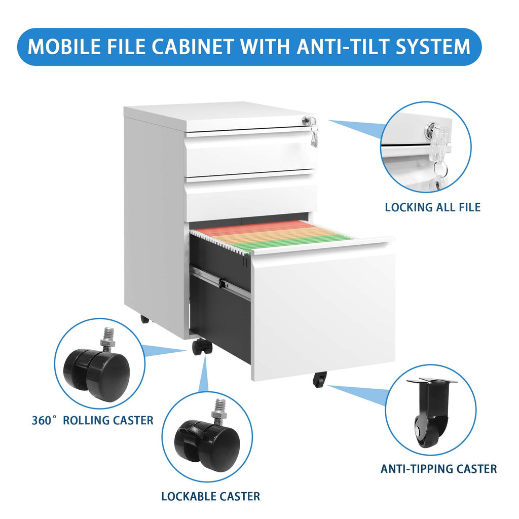 White Mobile 3-Drawer File Cabinet with Lock, Metal Organizer for Home Office, Fully Assembled - Grand Goldman
