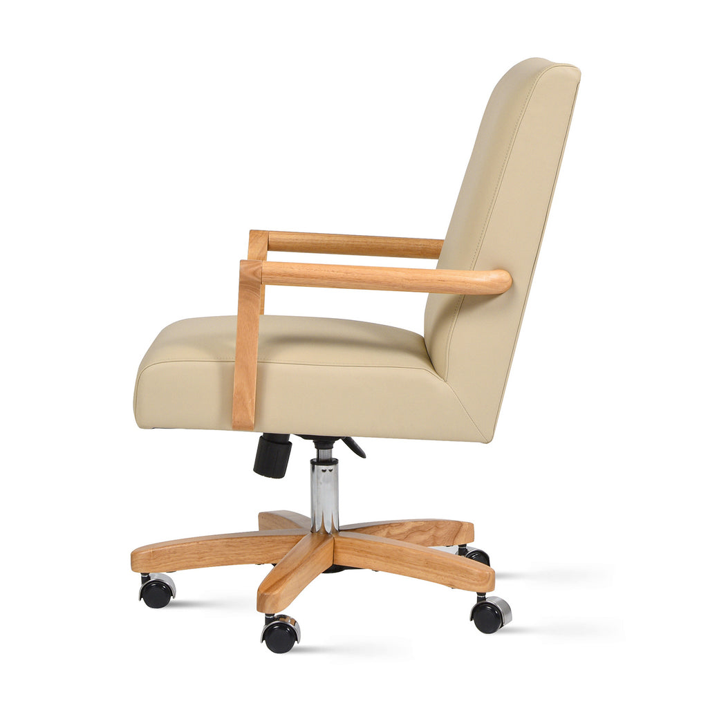 Dumont Modern Farmhouse High Back Executive Home Office Chair, Neutral Cream Beige Leather & Natural Wood - Grand Goldman