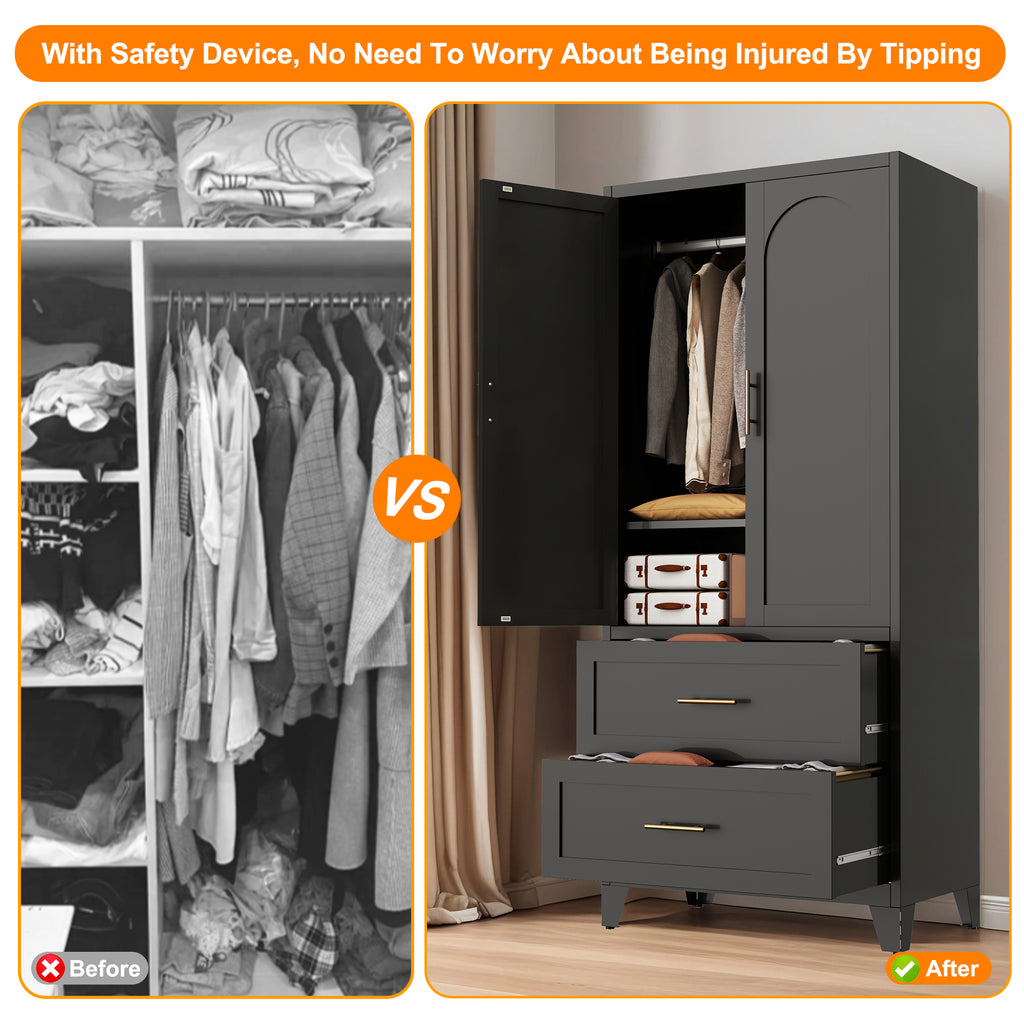 71' Tall Metal Wardrobe Cabinet with 2 Drawers and Hanging Rod, 2 Doors Wardrobe Closet with Shelf for Bedroom, Office, Laundry Room,Entryway ,Foyer,Guesthouse (Black) - Grand Goldman Shop