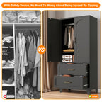 71' Tall Metal Wardrobe Cabinet with 2 Drawers and Hanging Rod, 2 Doors Wardrobe Closet with Shelf for Bedroom, Office, Laundry Room,Entryway ,Foyer,Guesthouse (Black) - Grand Goldman Shop