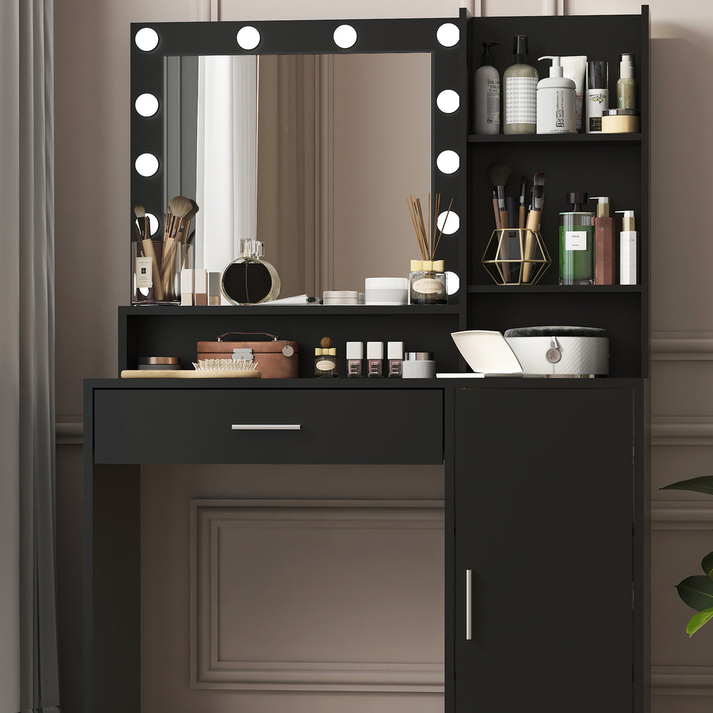 Vanity Desk with Mirror & Light, Large Drawer Three Level Storage Dresser, 3 Lighting Modes Adjustable Brightness, Bedroom Dressing Table(black) - Grand Goldman Shop