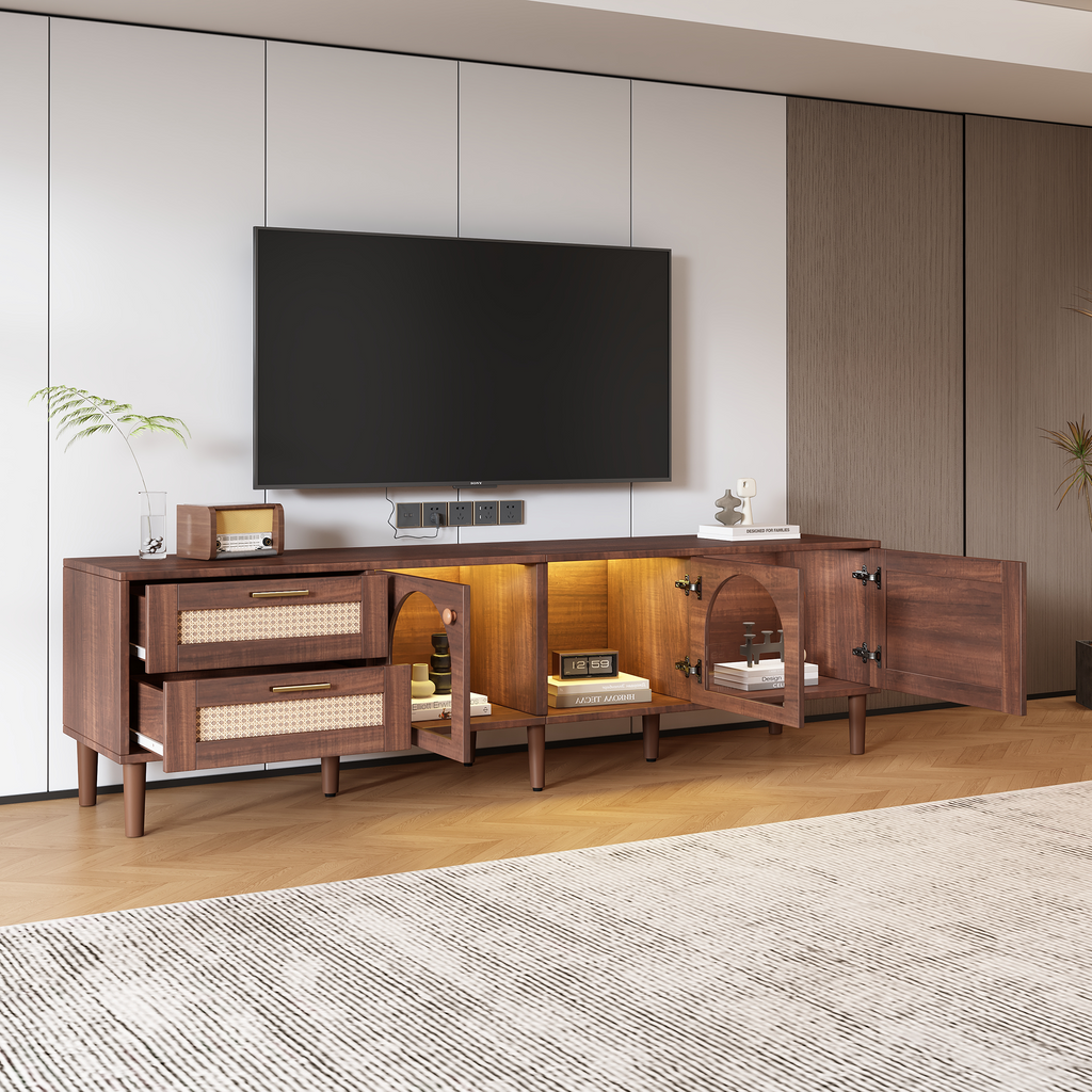 Dark Brown Rattan-inspired TV Stand with 3 Cabinets & 2 Drawers, LED Light Media Console for TVs up to 80'', MDF & Solid Wood Construction - Grand Goldman Shop