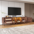 Dark Brown Rattan-inspired TV Stand with 3 Cabinets & 2 Drawers, LED Light Media Console for TVs up to 80'', MDF & Solid Wood Construction - Grand Goldman Shop