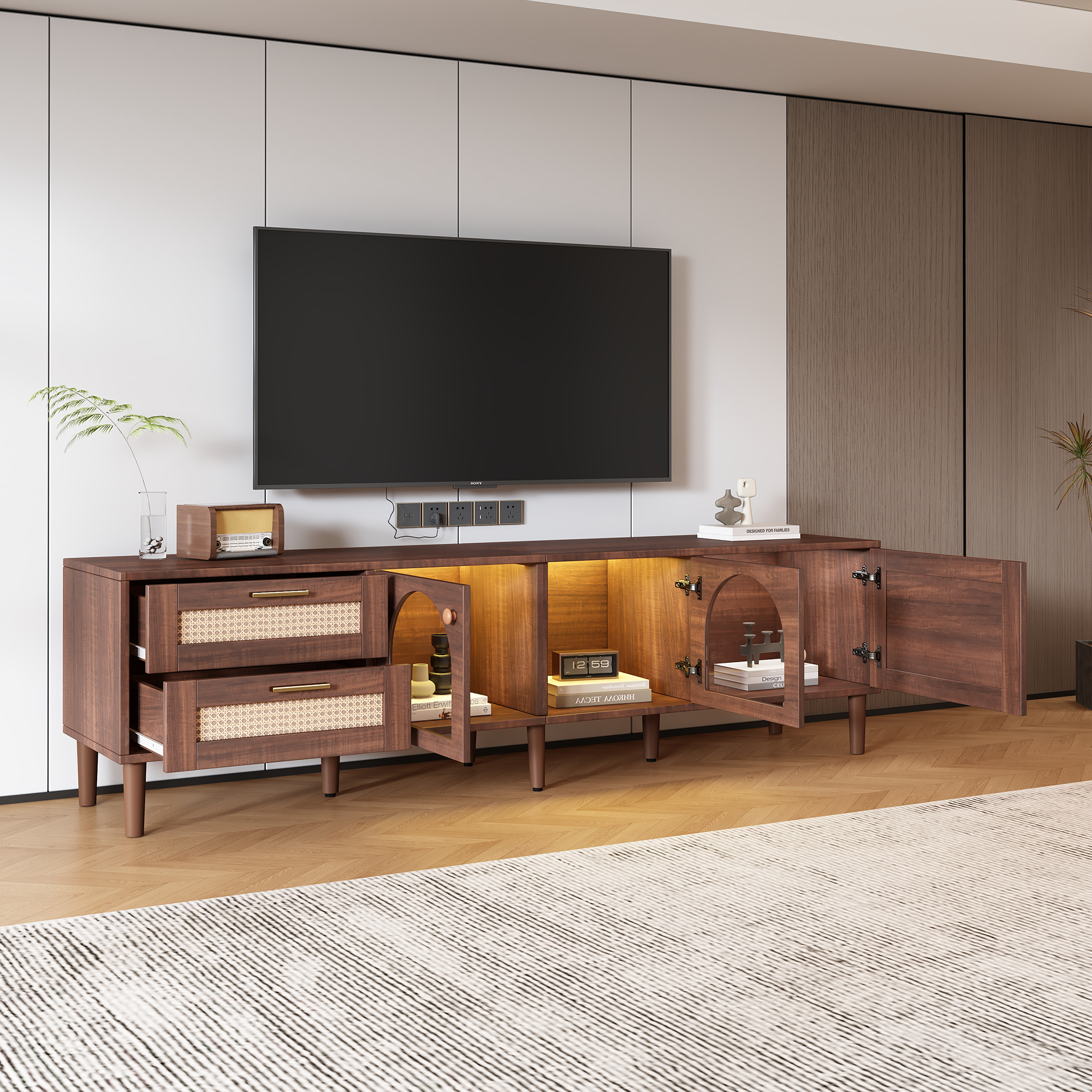 Dark Brown Rattan-inspired TV Stand with 3 Cabinets & 2 Drawers, LED Light Media Console for TVs up to 80'', MDF & Solid Wood Construction - Grand Goldman Shop