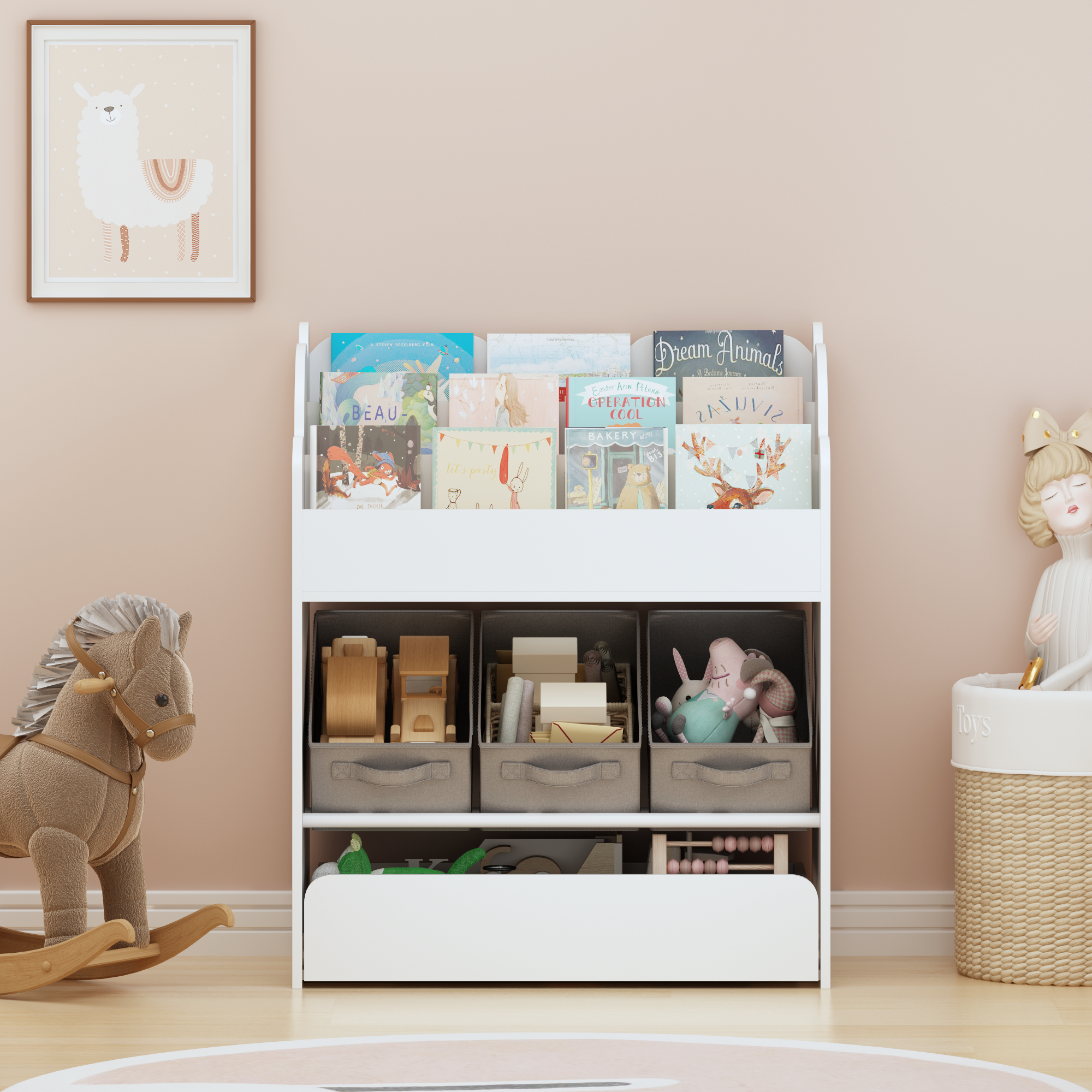 Kids Bookshelf with Storage Bins and Drawer, Multi-Functional Wooden Book Organizer for Toddlers, White Bookcase for Toys, Bo