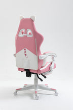 Cat Ears Pink Gaming Chair - Pink PU Leather Ergonomic Reclining Office Chair with Footrest, 310lb Capacity, 6-Position Recli