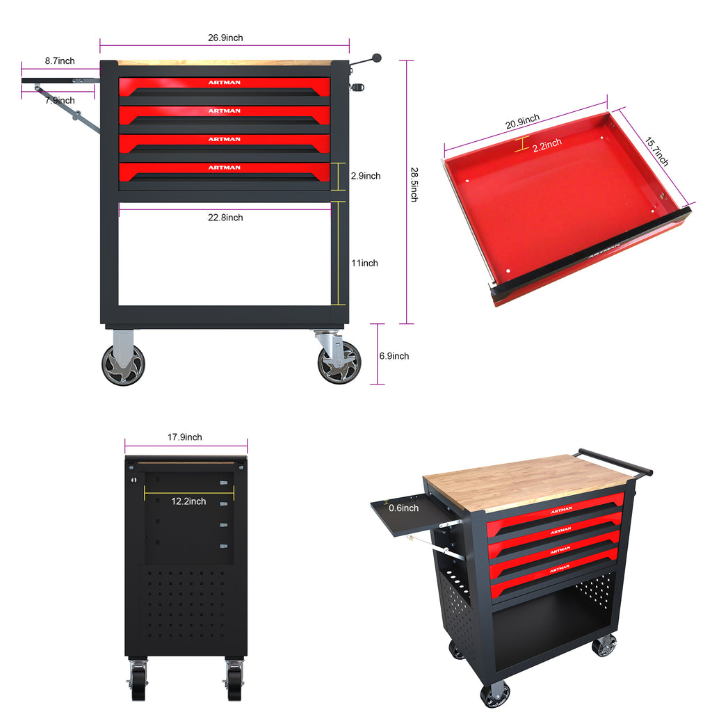 4 Drawers Multifunctional Tool Cart With Wheels And Wooden Top | Premium Home Decor - Grand Goldman