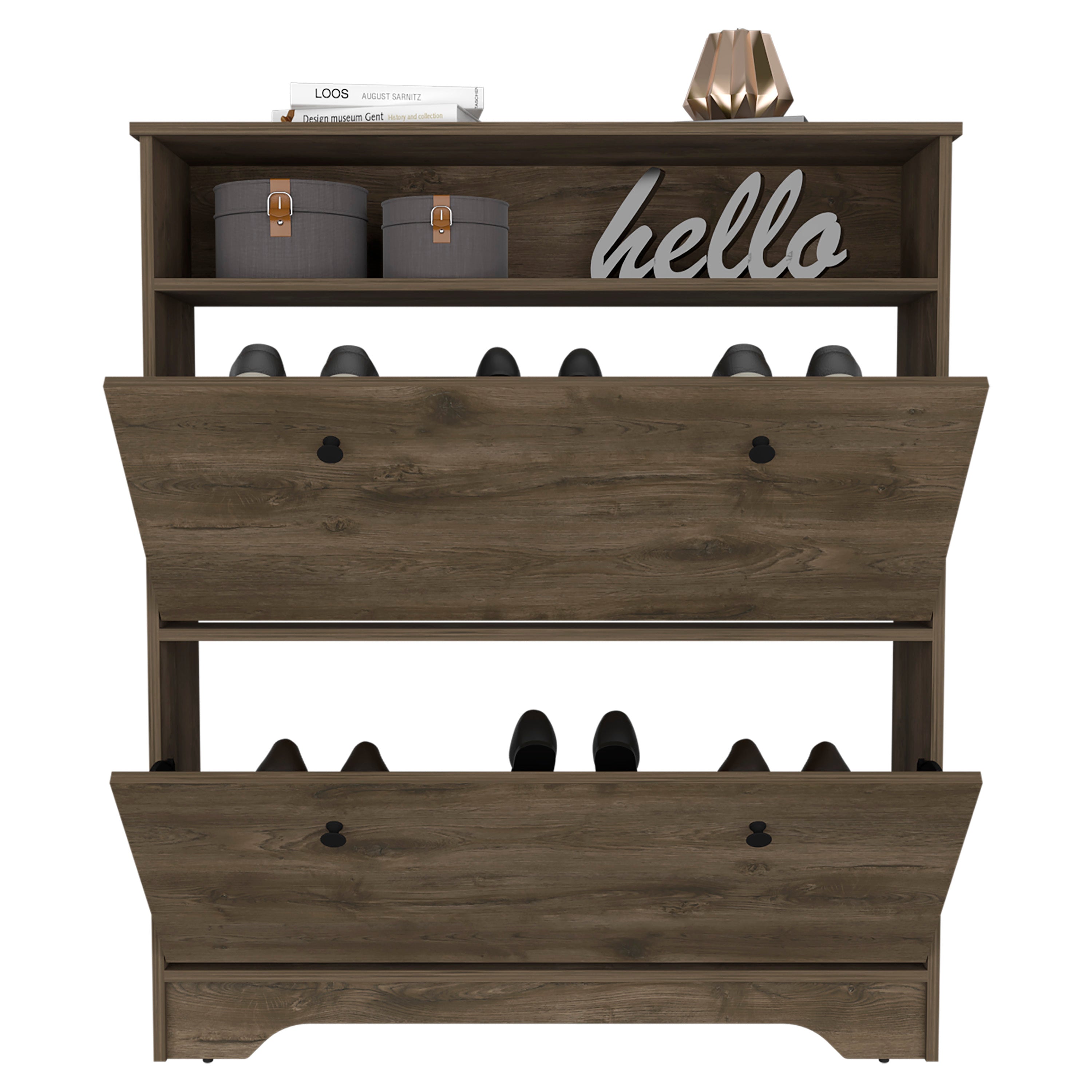 Calgary Shoe Rack, Superior Top, One Open Shelf, Two Extendable Shelves -Dark Brown - Grand Goldman Shop