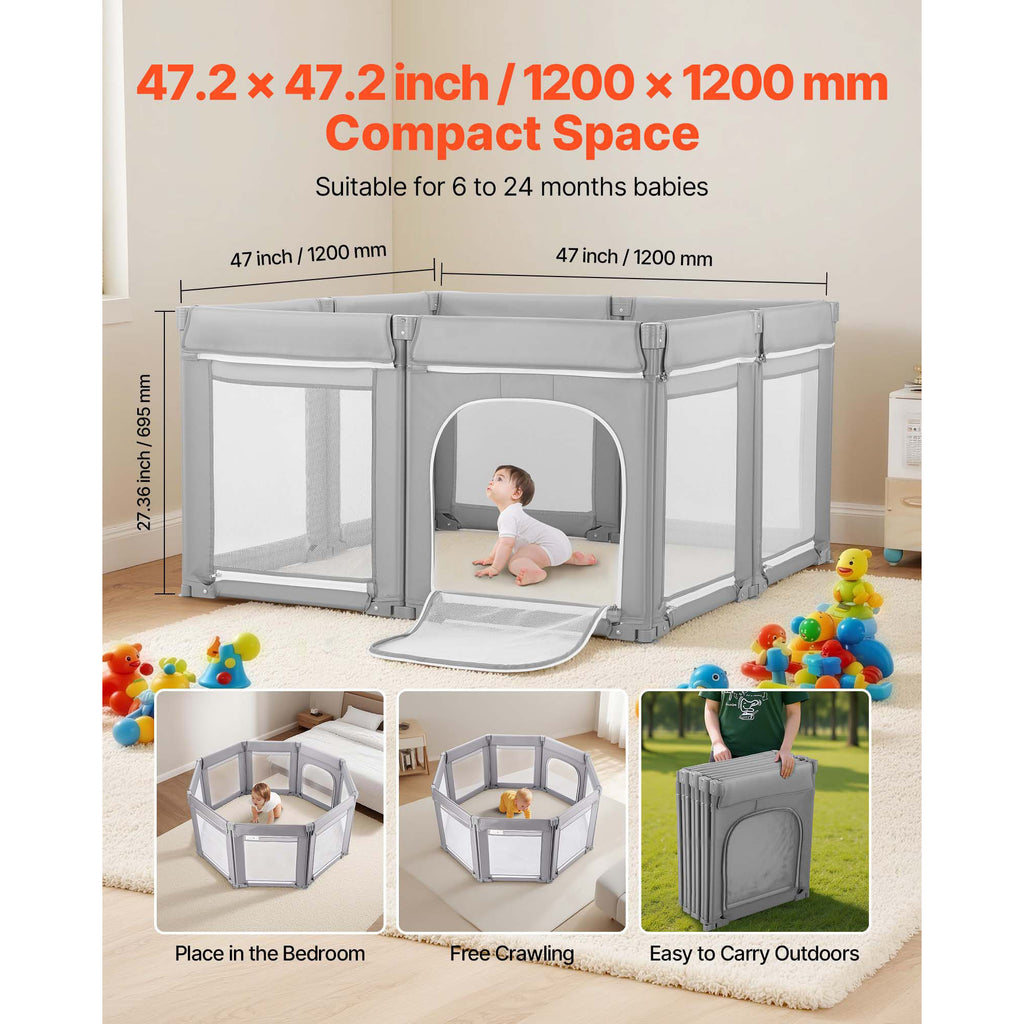 Baby Playpen, 47.2″ x 47.2″ Foldable Toddlers Playpen, Indoor/Outdoor Baby Fence Play Yard with Zippered Door & Soft Breathab
