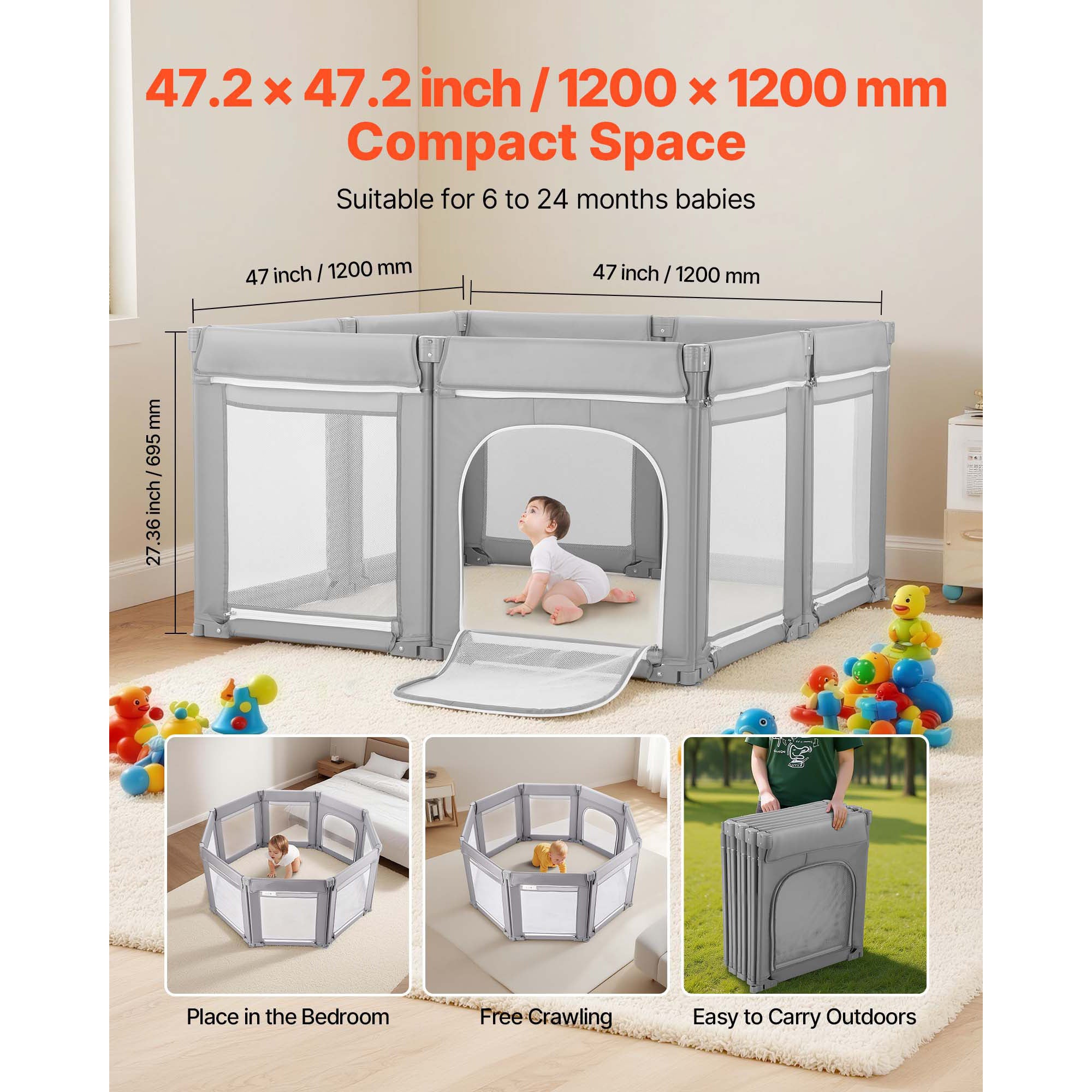 Baby Playpen, 47.2″ x 47.2″ Foldable Toddlers Playpen, Indoor/Outdoor Baby Fence Play Yard with Zippered Door & Soft Breathab