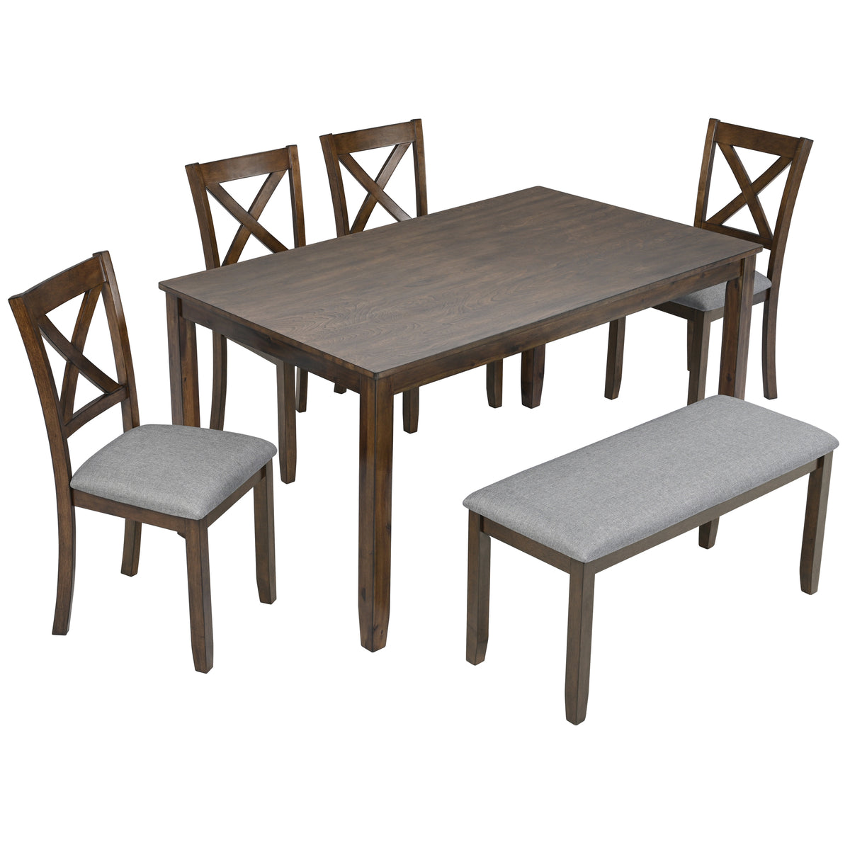 6PCs Kitchen Dining Set, Rectangular Wooden Dining Table with 4 Upholstered Chairs and a Bench, Dining Table Set for 6 People, Living Room, Home Bar and Kitchen, Walnut - Grand Goldman Shop