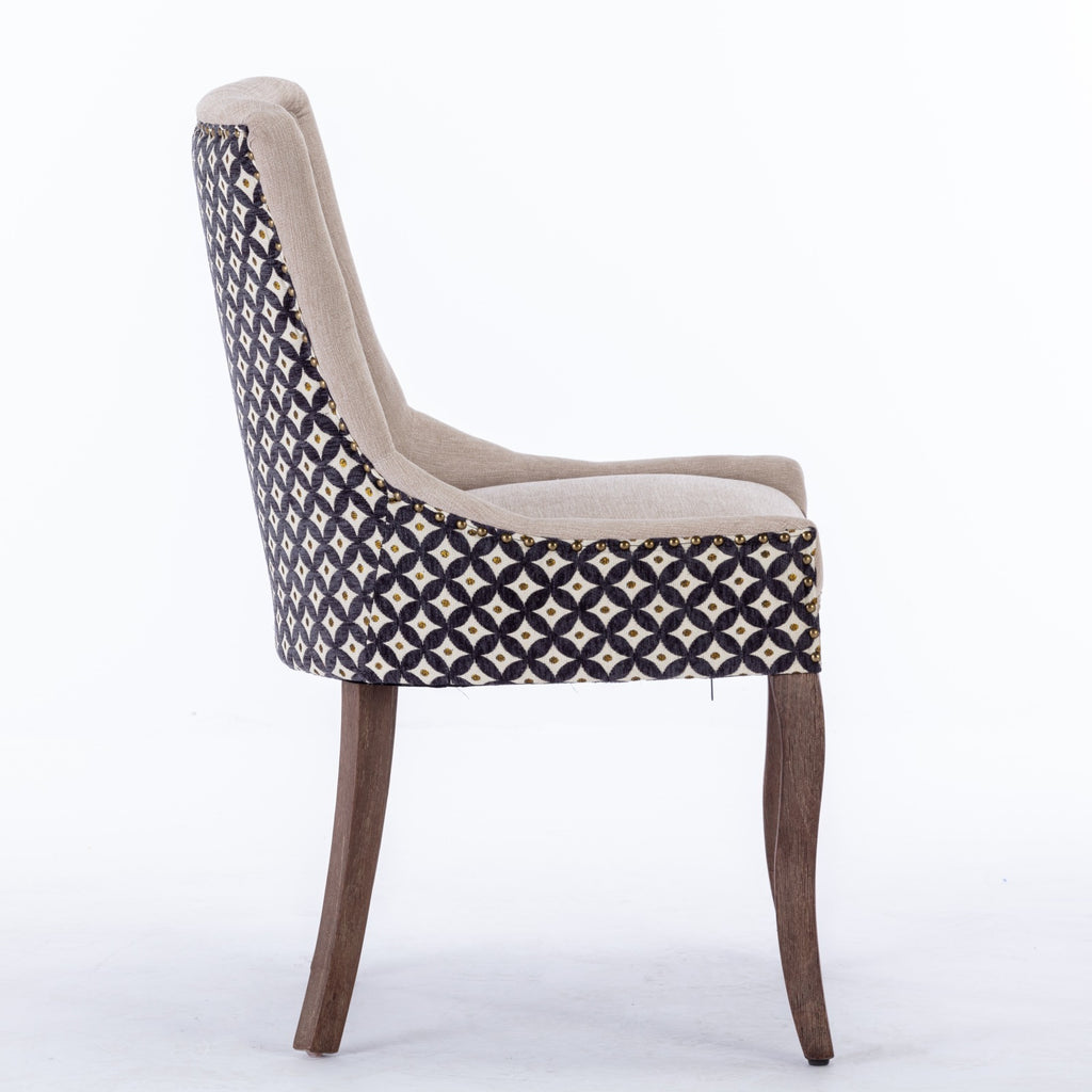 A&A Furniture, Ultra Side Dining Chair, Thickened fabric chairs with neutrally toned solid wood legs, Bronze nail head, Set of 2, Beige and Patterned,SW2207BG - Grand Goldman Shop