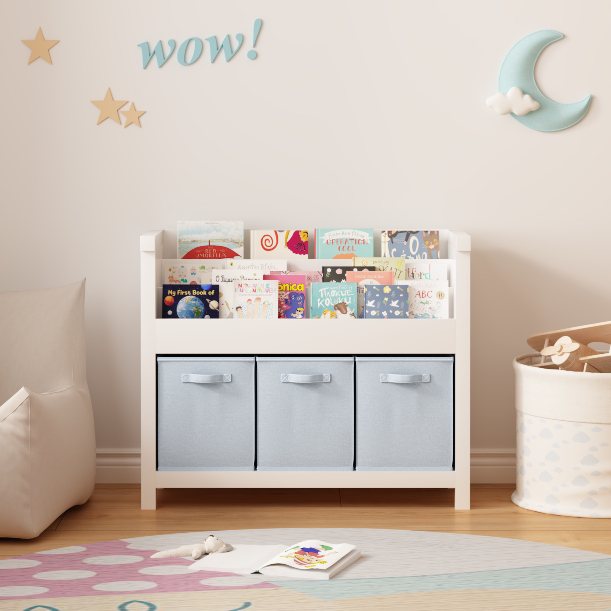 Kids Bookshelf with 3 Tier Front-Facing Storage and 3 Fabric Bins, Wooden Toddler Bookcase for Playroom, Nursery, Bedroom – K