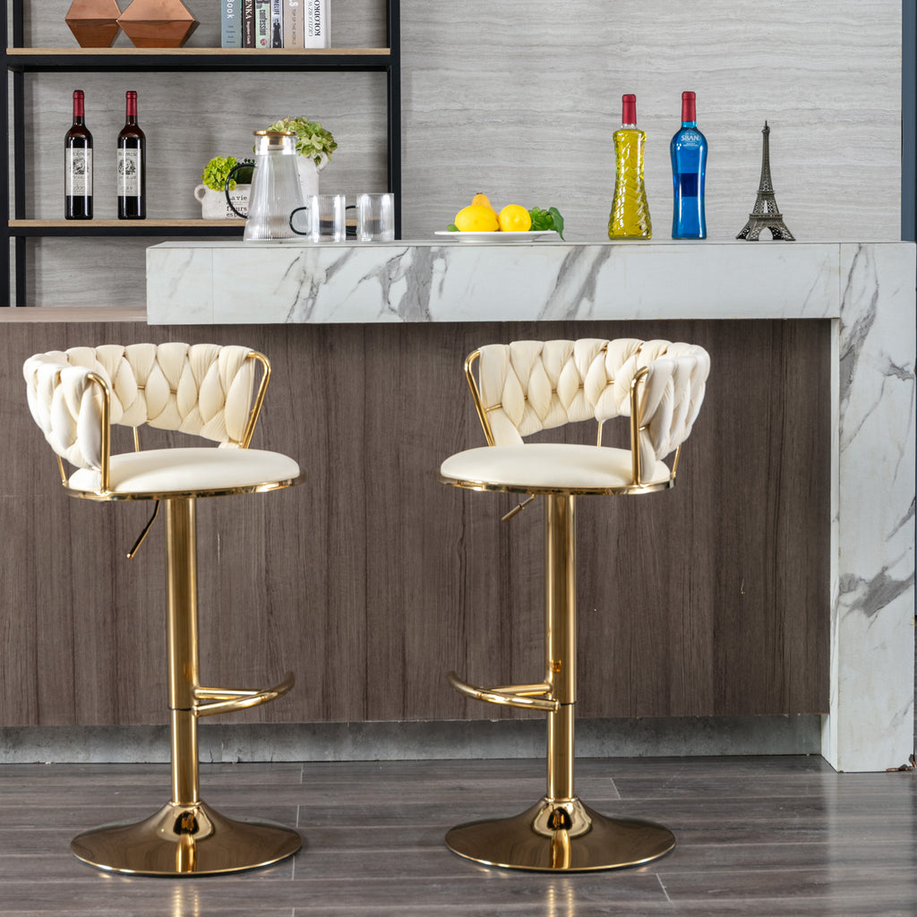 Set of 2  Bar Stools,with Chrome Footrest and Base Swivel Height Adjustable Mechanical Lifting Velvet + Golden Leg Simple Bar Stool-Cream - Grand Goldman Shop