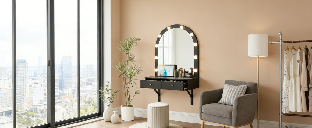 Floating Wall Mounted Makeup Vanity Desk with LED Mirror 3 Color Lights, Compact Dressing Table with Power Outlet & USB Charging, Space Saving Large Storage Vanity for Bedroom Bathroom, Black - Grand Goldman Shop