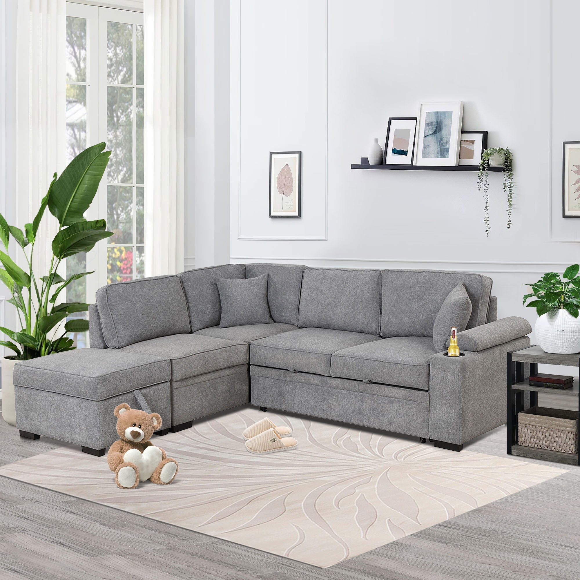 Modern Sleeper Sofa Bed with Storage Ottoman, Gray Linen, 84.75' L Shape Couch for Living Room or Apartment - Grand Goldman Shop