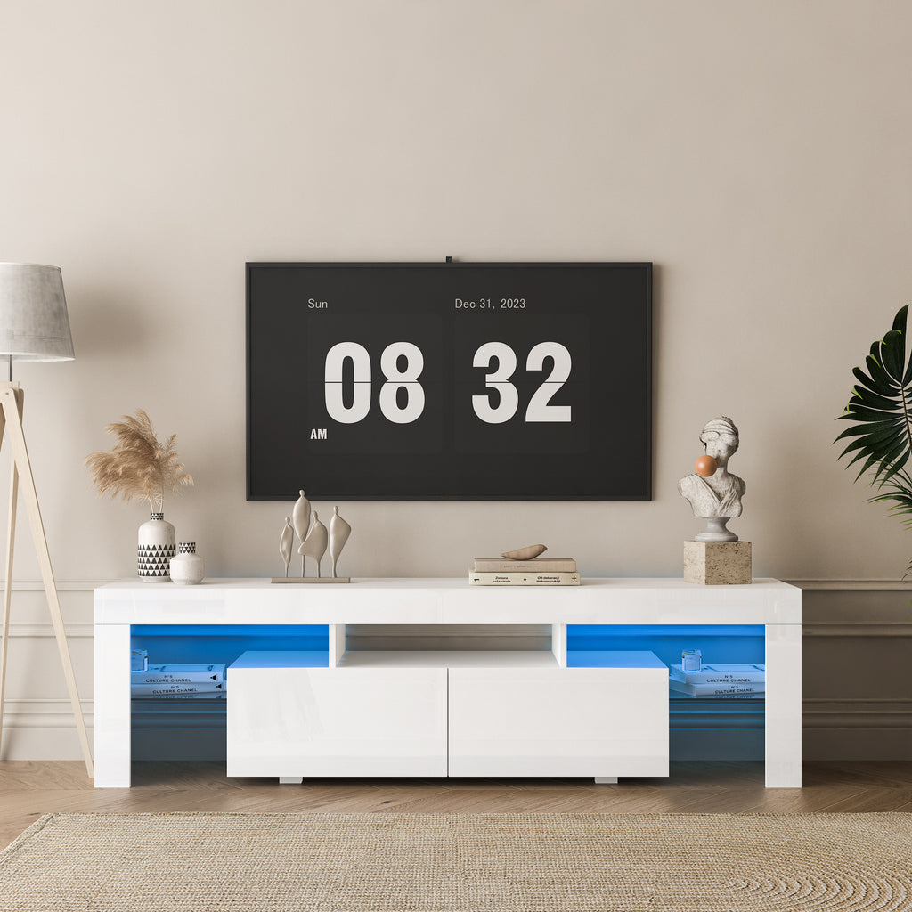 High gloss TV Stand with LED Lights for TVs up to 65'', Modern TV Console with Storage Cabinets for Living Room - Grand Goldman Shop