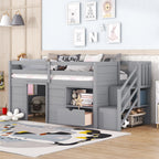 Solid Pine Wood Twin Low Loft Bed with Stair, Drawer, and Shelf in Grey Finish - Grand Goldman Shop