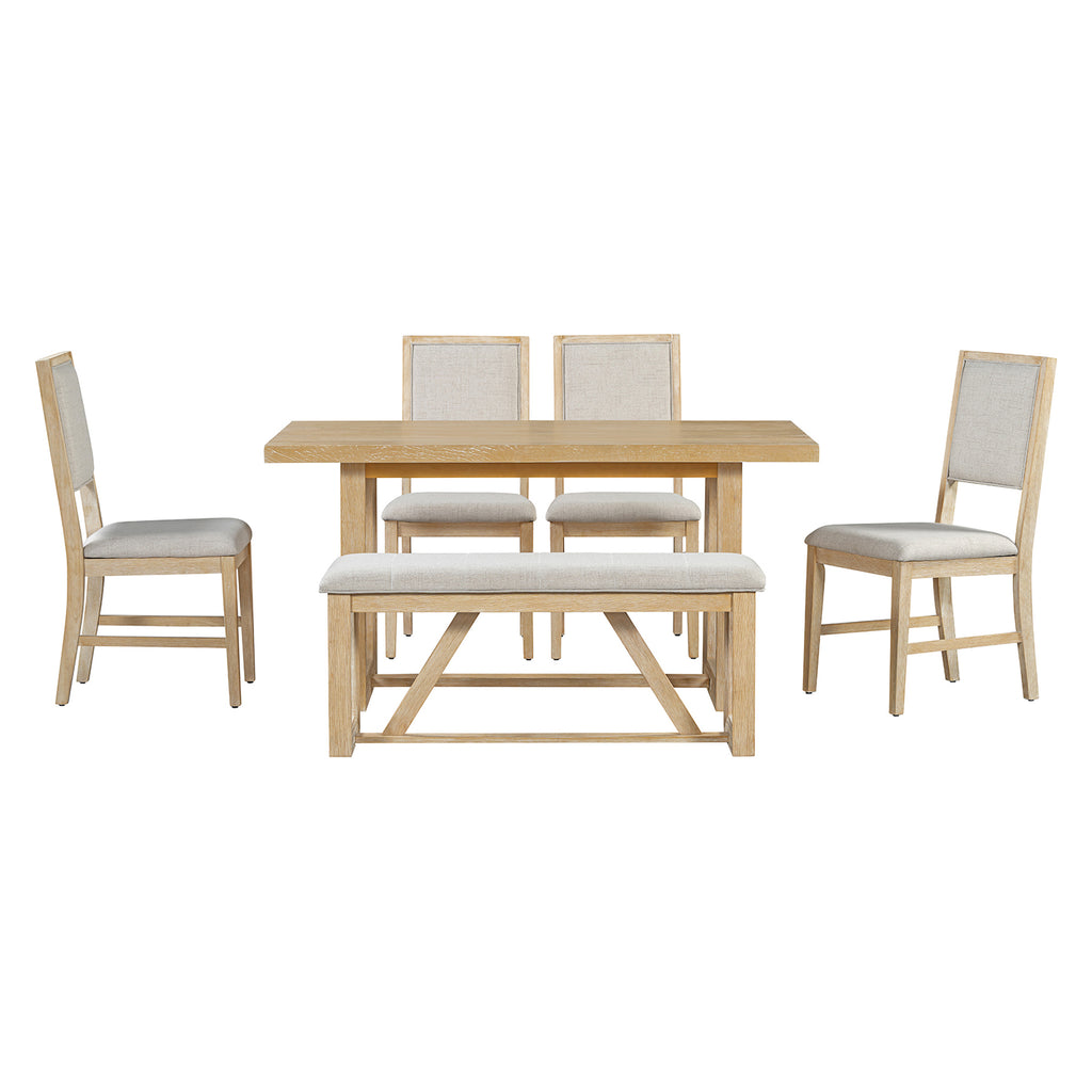 TREXM 6-Piece Retro Dining Table Set for 6, 60' Wood Kitchen Table and Chairs Set of 4 with Bench Designed Trestle Base for kitchen & Dining Room (Natural) - Grand Goldman Shop