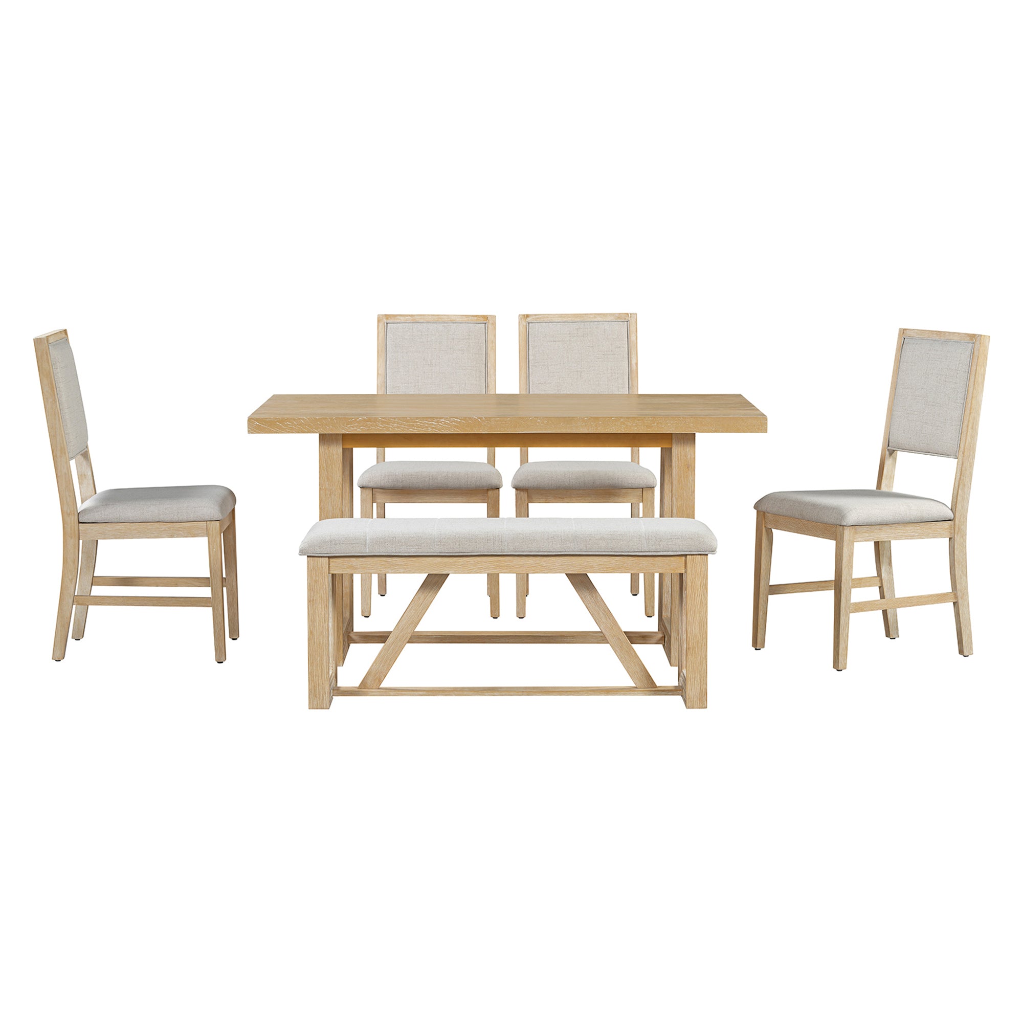 TREXM 6-Piece Retro Dining Table Set for 6, 60' Wood Kitchen Table and Chairs Set of 4 with Bench Designed Trestle Base for kitchen & Dining Room (Natural) - Grand Goldman Shop