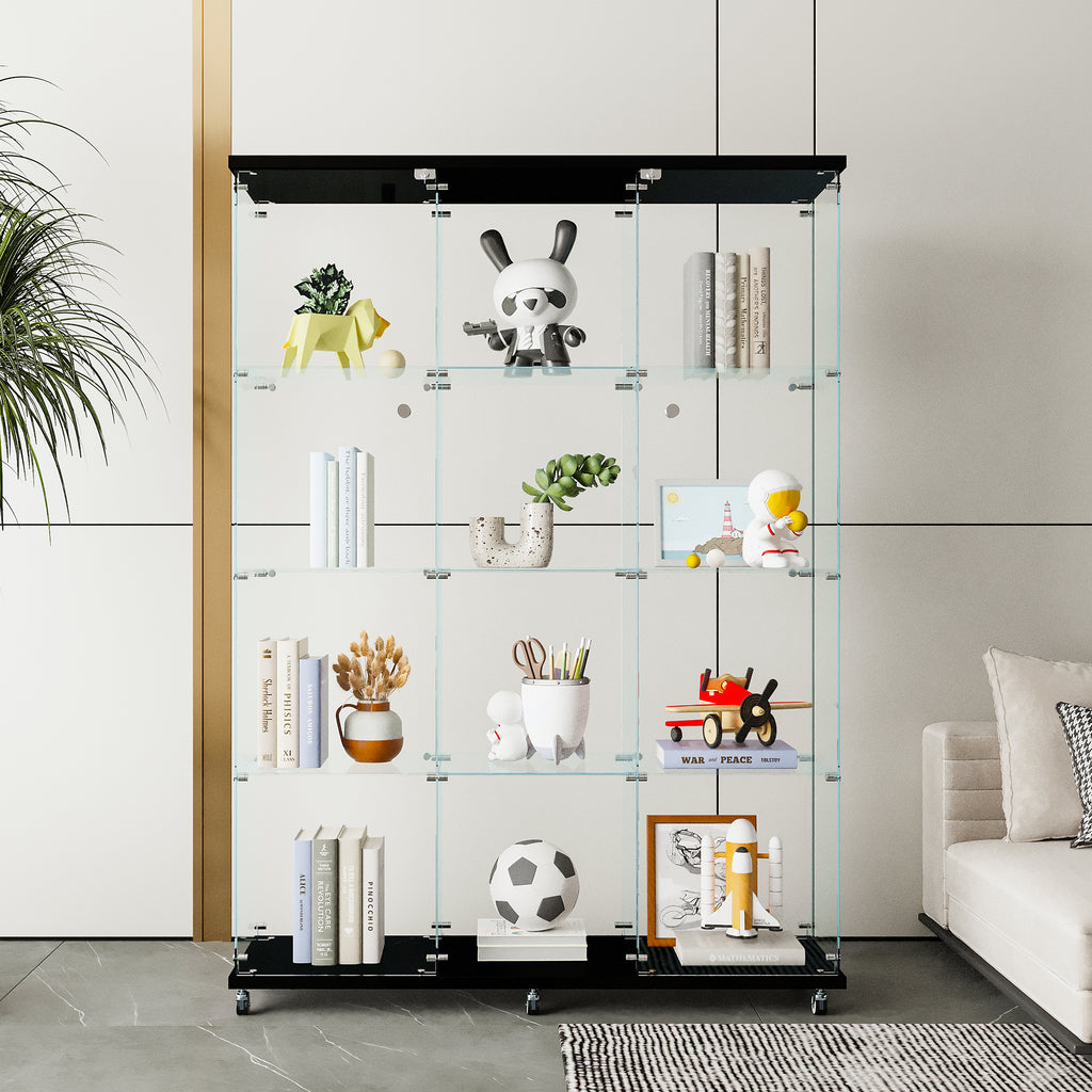 Glass Display Cabinet with 4 Shelves Extra Large, Curio Cabinets for Living Room, Bedroom, Office, Black Floor Standing Glass