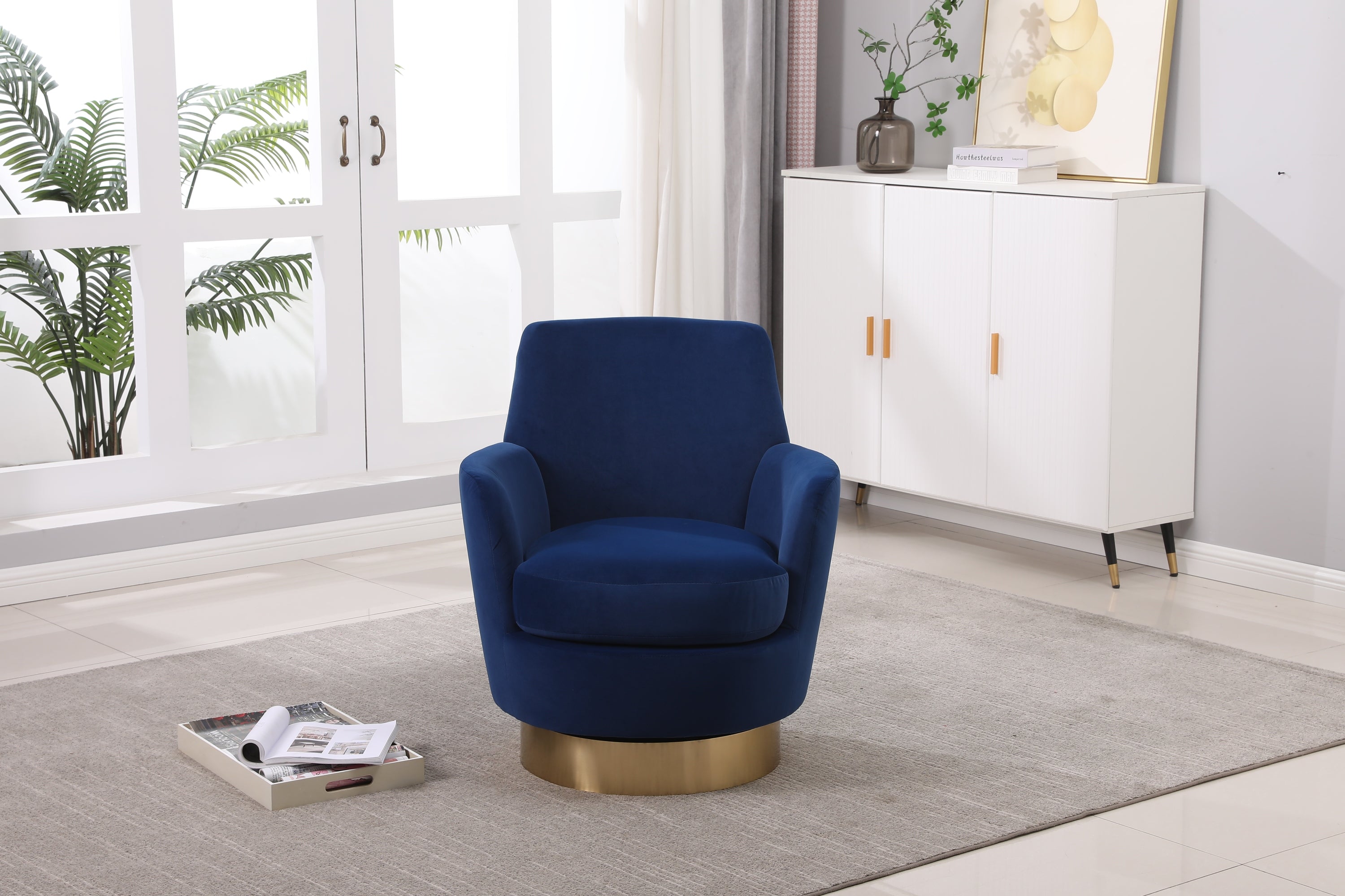 Velvet Swivel Barrel Chair, Swivel Accent Chairs Armchair for Living Room, Reading Chairs for Bedroom Comfy, Round Barrel Chairs with Gold Stainless Steel Base (Navy) - Grand Goldman Shop