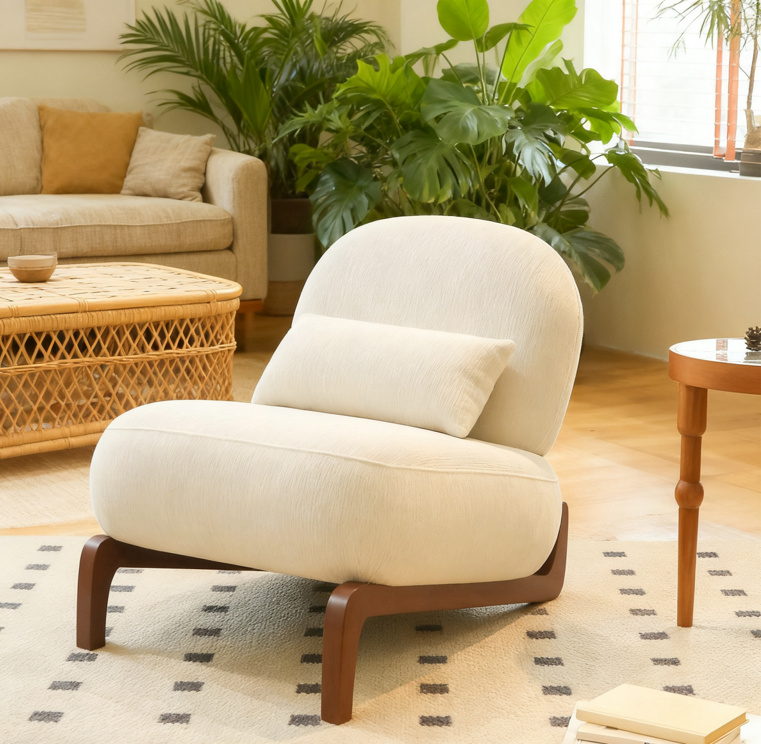 Cute Accent Chair with Solid Wood Legs, Living Room Chair with Soft Fabric Cushion, Cozy Bedroom Chair, Comfy Armless Reading Chair for Apartment, Waiting Room, Balcony (White) - Grand Goldman Shop