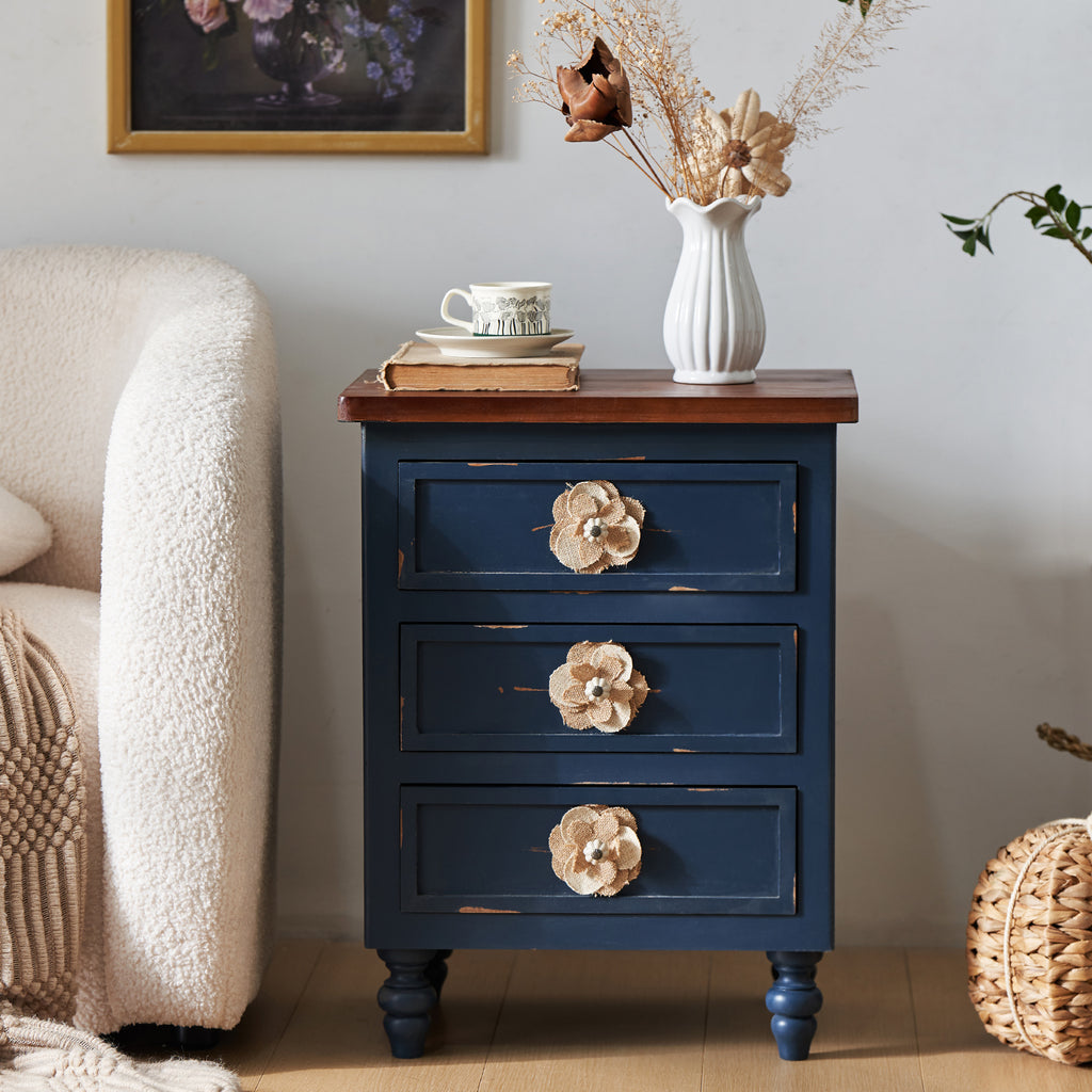 Vintage Farmhouse End Table with Floral Knobs – 19' Rustic Nightstand with 3 Drawers & Gourd Legs,Bedside or Sofa Accent Table, Almost Fully Assembled, Blue - Grand Goldman Shop