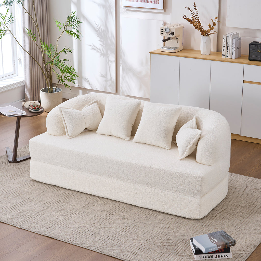 2-in-1 Foldable Sofa Bed,70 Inch Folding Boneless Couch Convertible Compressed Sleeper Sofabed, 4 Pillows for Living Room Apartment, Milk White - Grand Goldman Shop