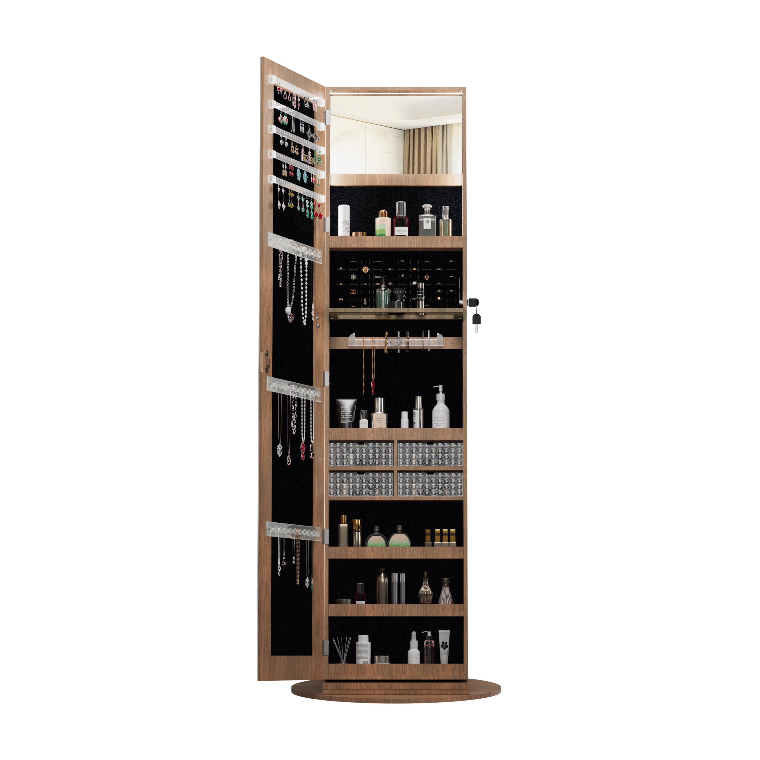 360°Swivel Jewelry Cabinet with Full Length Mirror, 360°Rotating Standing Jewelry Armoire Organizer , Lockable Storage Cabinet, Interior Lighted Mirror, Light Walnut - Grand Goldman Shop