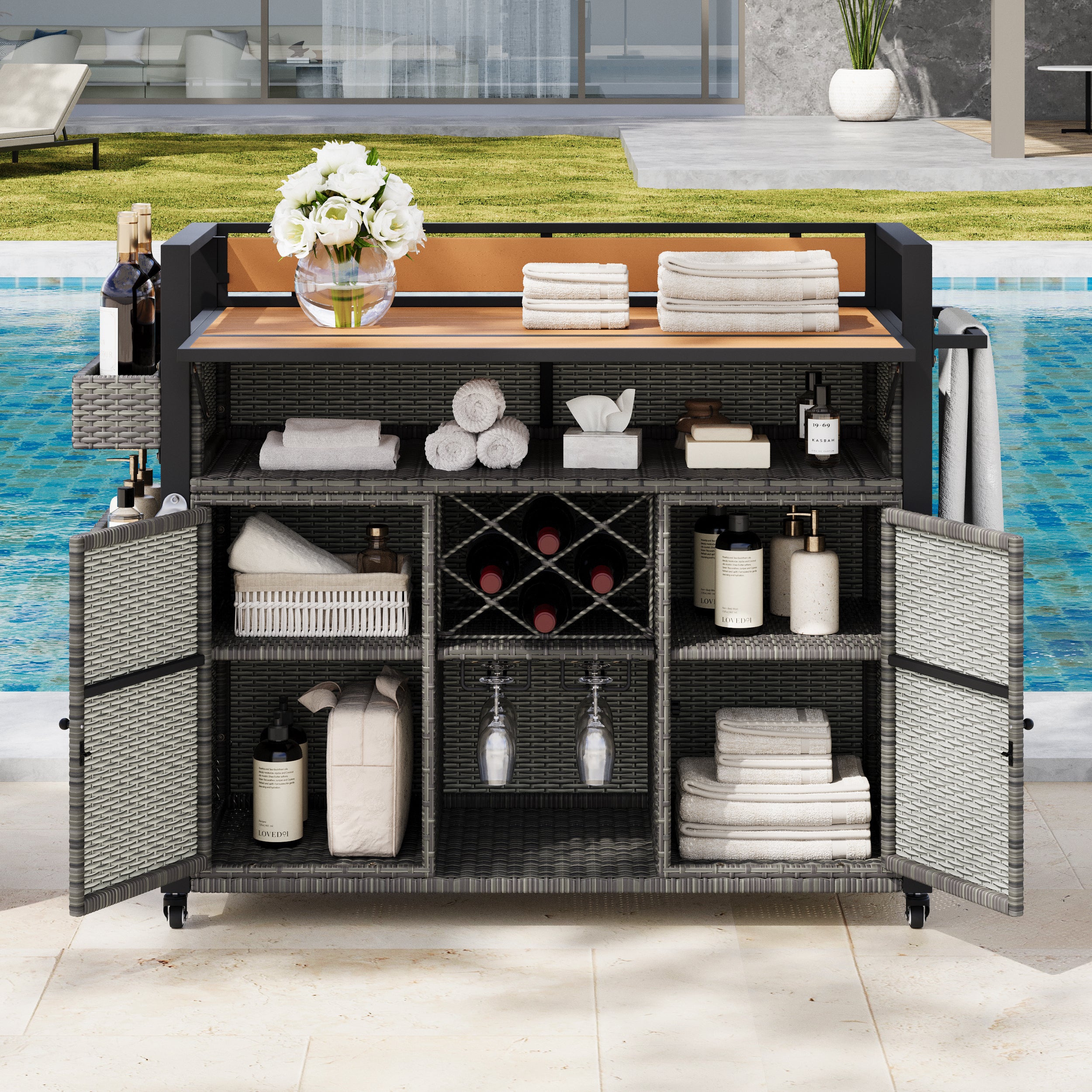 K&K 52.8'W Wicker Outdoor Grill Cart with Extended Plastic Wood Table Top, Rolling Kitchen Island on Wheels with Storage Cabinet, for Patio Backyard Garden Poolside, Double Handle Design, Grey - Grand Goldman Shop