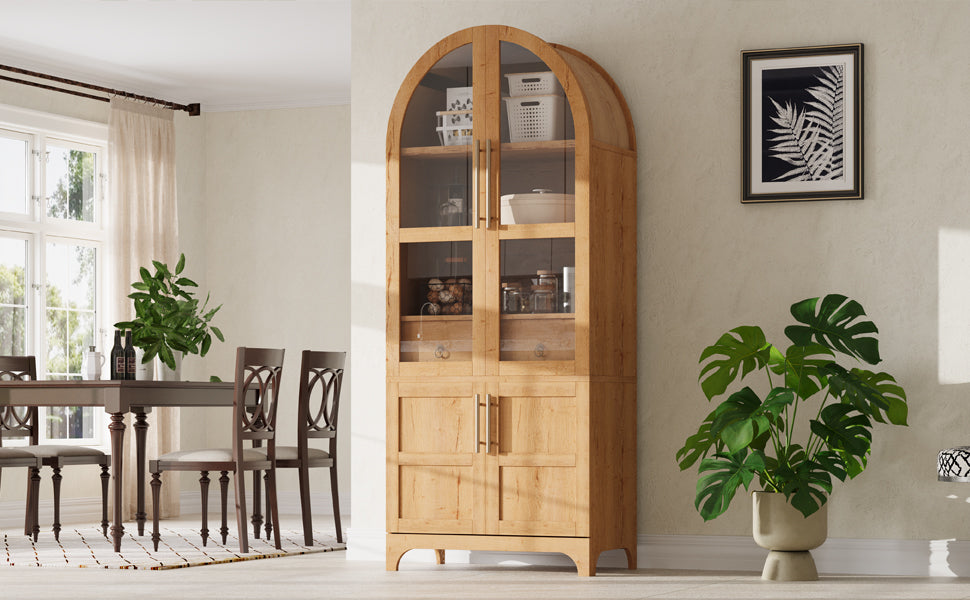 K&K 71' Tall Arched Kitchen Pantry Cabinet with Door Shelves, Farmhouse Kitchen Storage Cabinet with Open & Adjustable Shelves, Hidden Drawer & Glass Door, Cupboard for Kitchen, Dining Room, Natural - Grand Goldman Shop