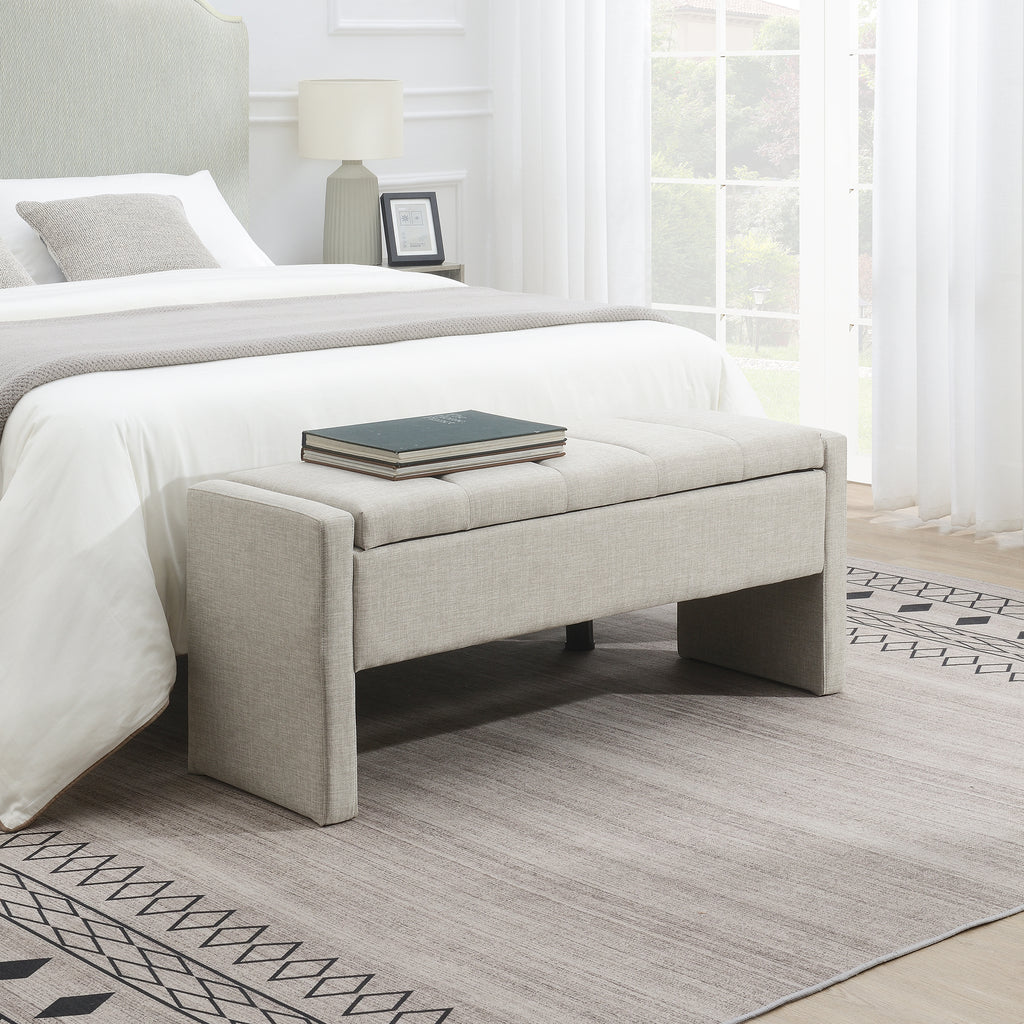 Modern Upholstered Bed End Bench with Storage, Comfy Light Grey Linen Foot Rest for Living Room and Bedroom - Grand Goldman Shop