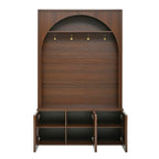 ON-TREND Farmhouse All-in-One Hall Tree with Adjustable Shelves, Retro Arched Entryway Storage Bench with 3 Cabinets, Wooden Coat Rack Organizer with 4 Golden Hooks for Mudroom, Hallway, Walnut - Grand Goldman Shop