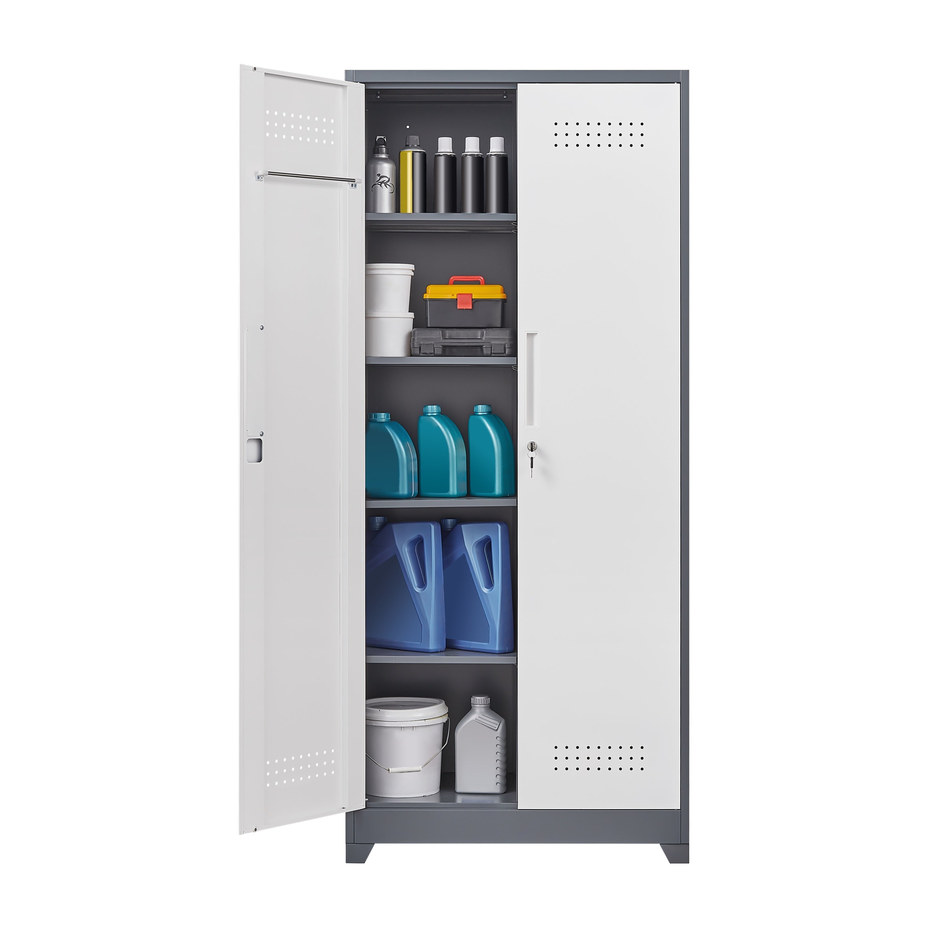 Gray Metal Lockers with Locking Doors, Adjustable Shelves, High Broom Tool Storage Cabinet, 72-Inch Kitchen, Office, Shop Org