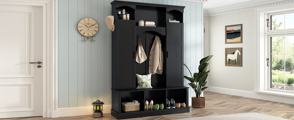 ON-TREND Modern All-in-One Hall Tree with Adjustable Shelves, Classic Arched Farmhouse Storage Bench with Dual Side Cabinets, Elegant Entryway Organizer with 7 Hooks for Mudroom, Hallway, Black - Grand Goldman Shop