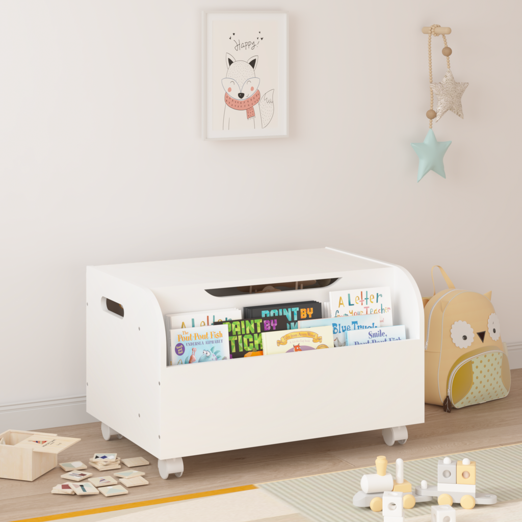 White Wooden Toy Box with 4 Universal Wheels, Kids Playroom Storage Organizer with Front Bookshelf, Flip-Top Lid, Safety Hing