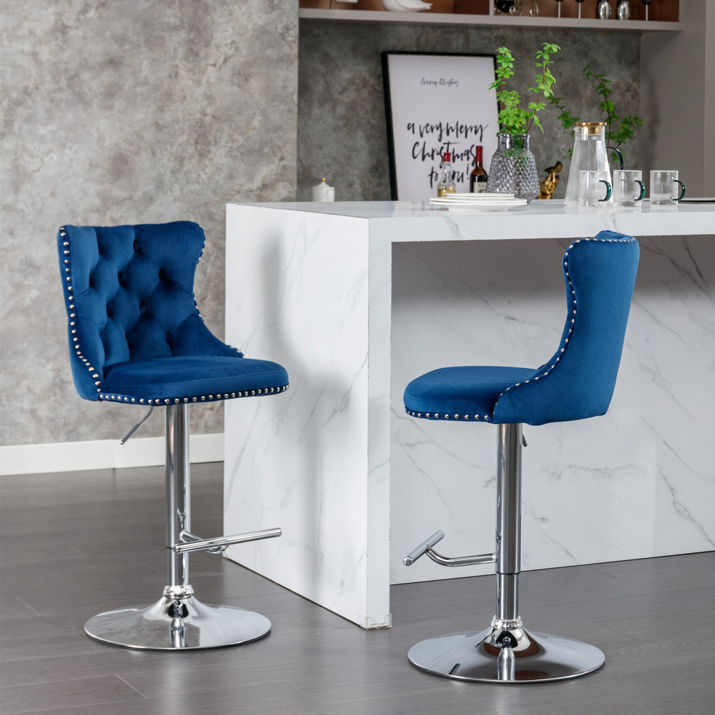 A&A Furniture,Swivel Velvet Barstools Adjusatble Seat Height from 25-33 Inch, Modern Upholstered Chrome base Bar Stools with Backs Comfortable Tufted for Home Pub and Kitchen Island（Blue,Set of 2） - Grand Goldman Shop