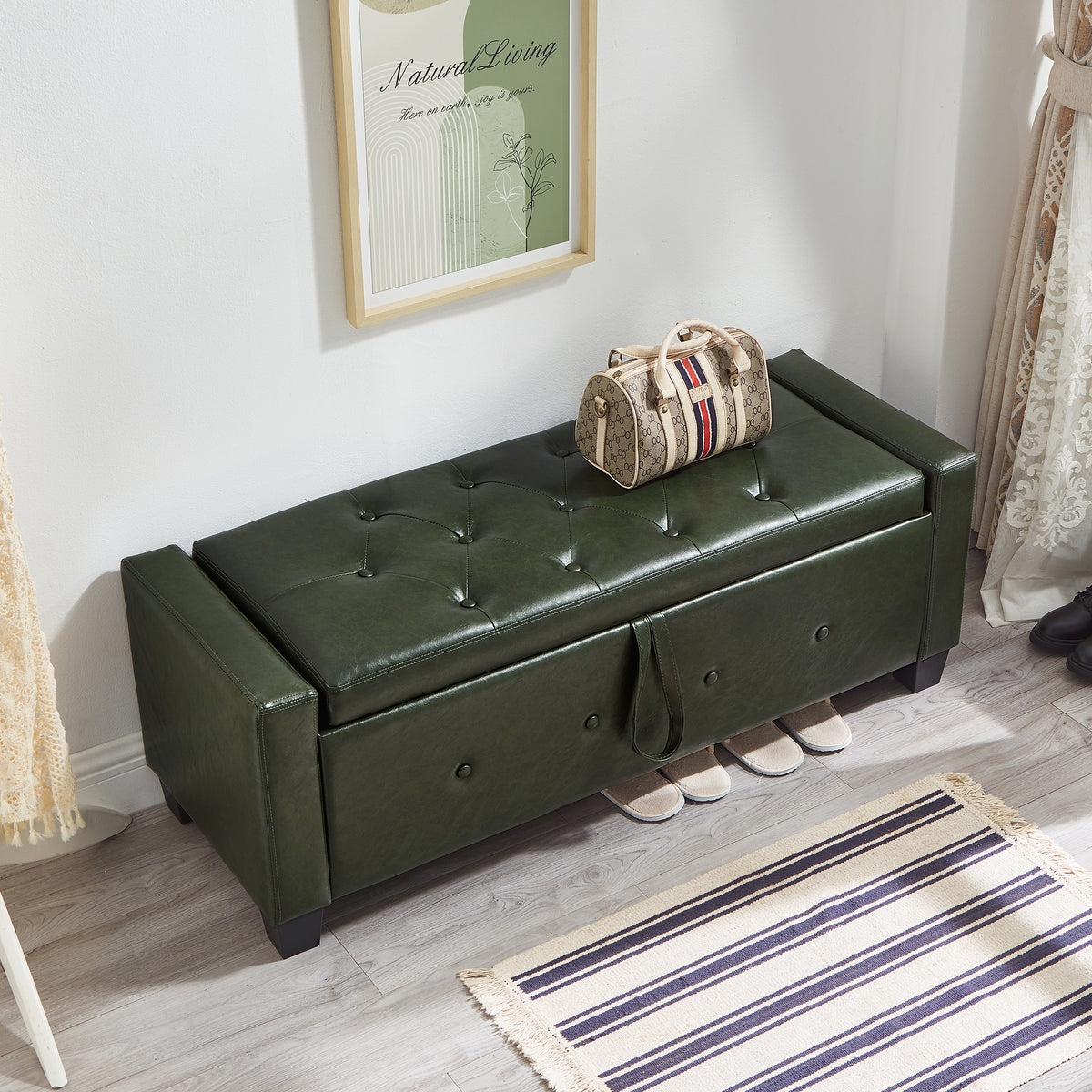 48' Ottoman Bench with Storage, Bench for Bedroom,Living Room,Hallway, Upholstered Tufted Faux Leather PU Ottoman Dark Green - Grand Goldman Shop