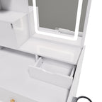 Pink LED Vanity Mirror with Stool, 2 Drawers & 5 Storage Cabinets, Adjustable Lighting, White MDF Dressing Table for Bedroom - Grand Goldman Shop