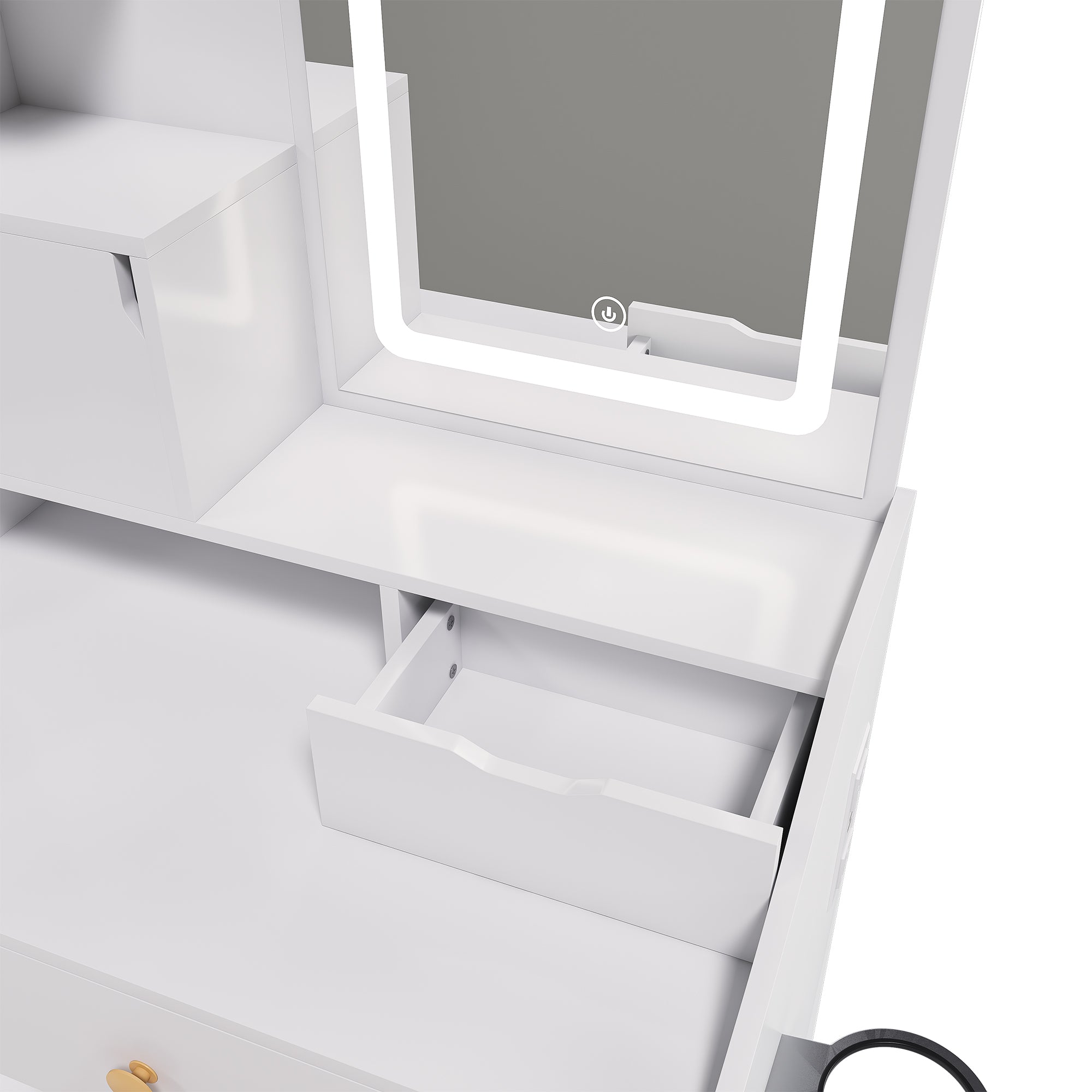 Pink LED Vanity Mirror with Stool, 2 Drawers & 5 Storage Cabinets, Adjustable Lighting, White MDF Dressing Table for Bedroom - Grand Goldman Shop