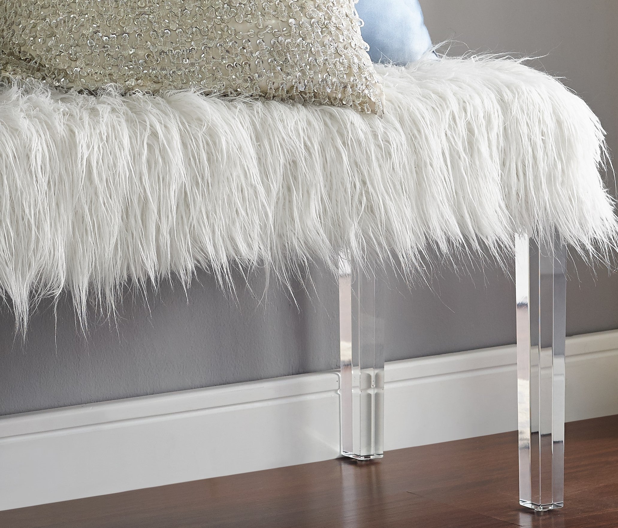 White Faux Fur Bench with Acrylic Legs - Grand Goldman Shop