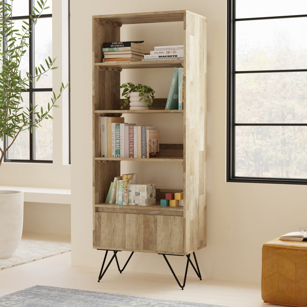 Hunter Tall Bookcase in Natural Finish with Black Metal Legs, Solid Mango Wood, 14D x 24W x 64H inches - Grand Goldman