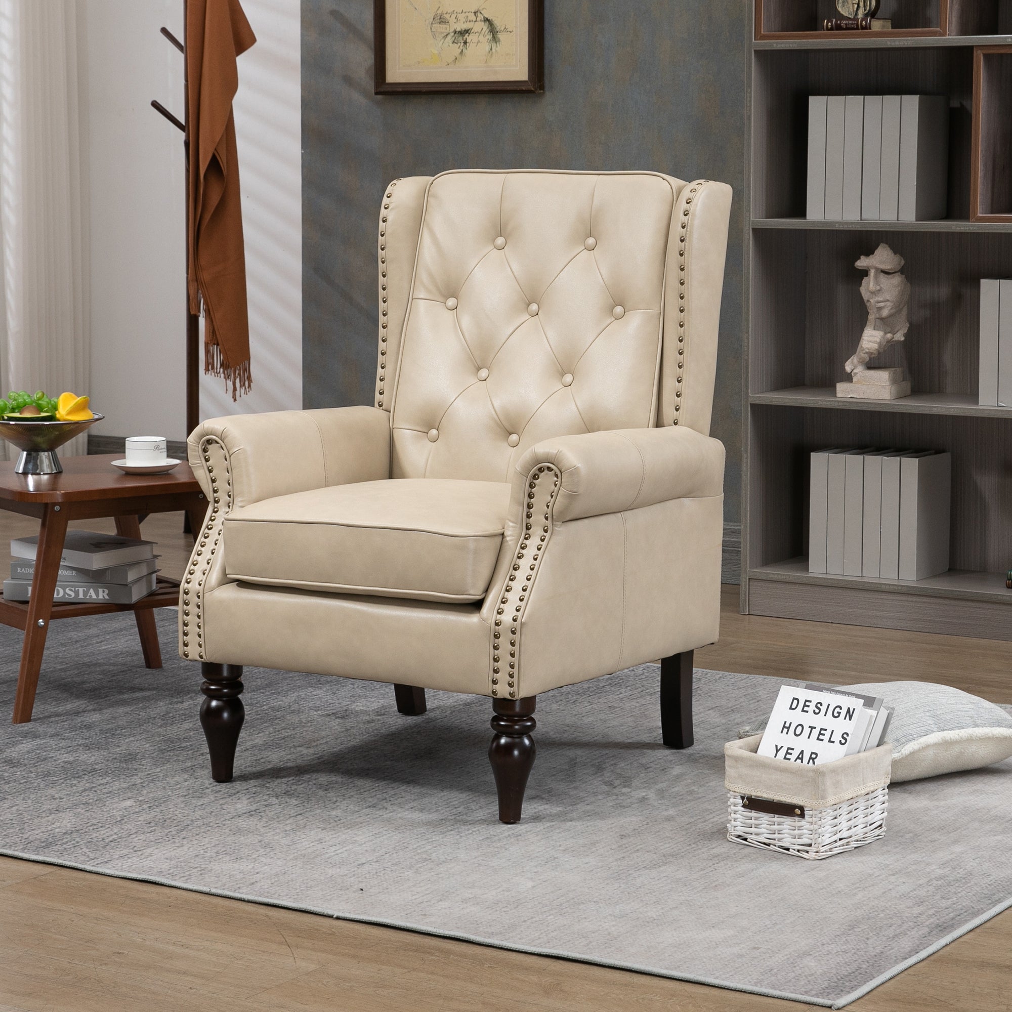 Modern Accent Chair Lounge Chair with Sturdy Wood Legs in Camel PU Leather for Living Room and Bedroom - Grand Goldman Shop