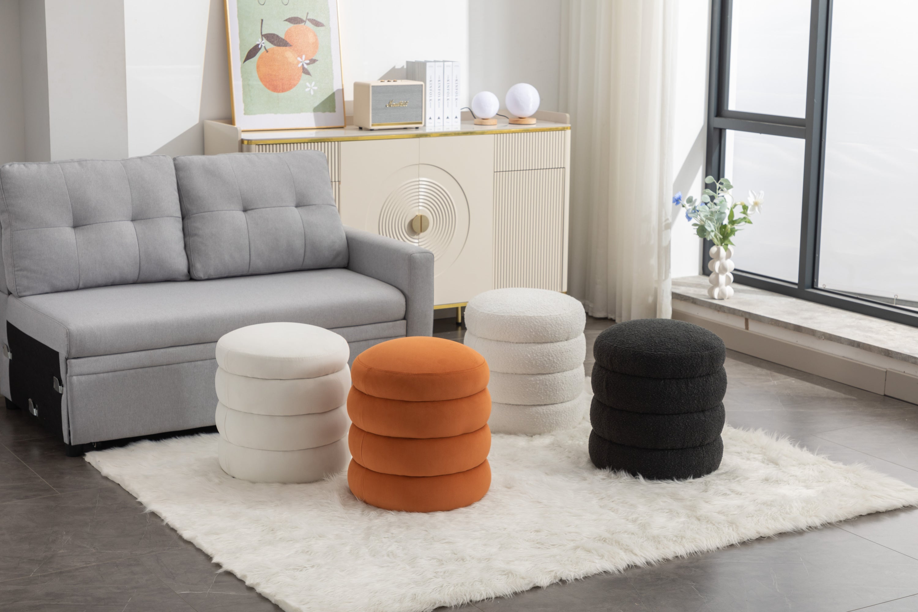 006-Soft Velvet  Round Ottoman Footrest Stool,Ivory - Grand Goldman Shop