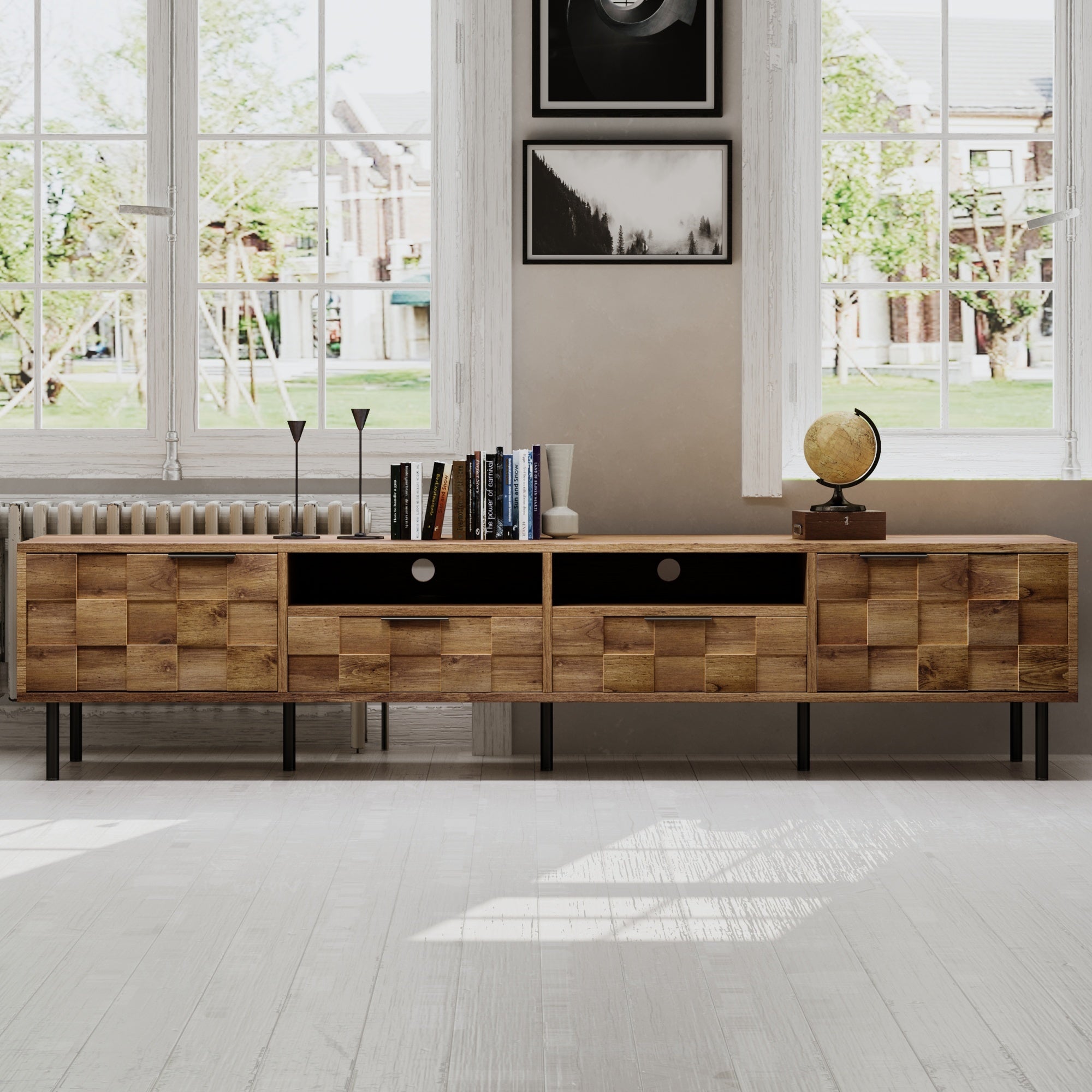 Mid Century TV Stand with 2 Drawers, Media Console Table for TVs up to 85'', Natural Finish Storage Cabinet with Cable Management, 78.7'' x 15.7'' x 17.7'' - Grand Goldman Shop