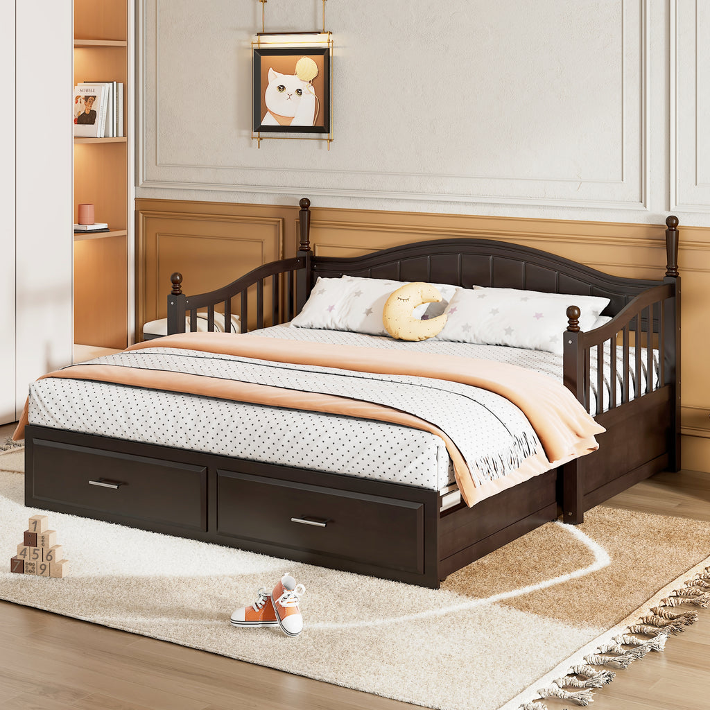 Wooden Twin Size Daybed with Twin Size Trundle, Extendable Daybed with Two Storage Drawers, Espresso(Expected Arrival Time:9.12) - Grand Goldman Shop